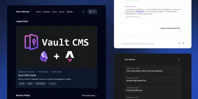 Astro Modular preview, showing different theme and layout options.